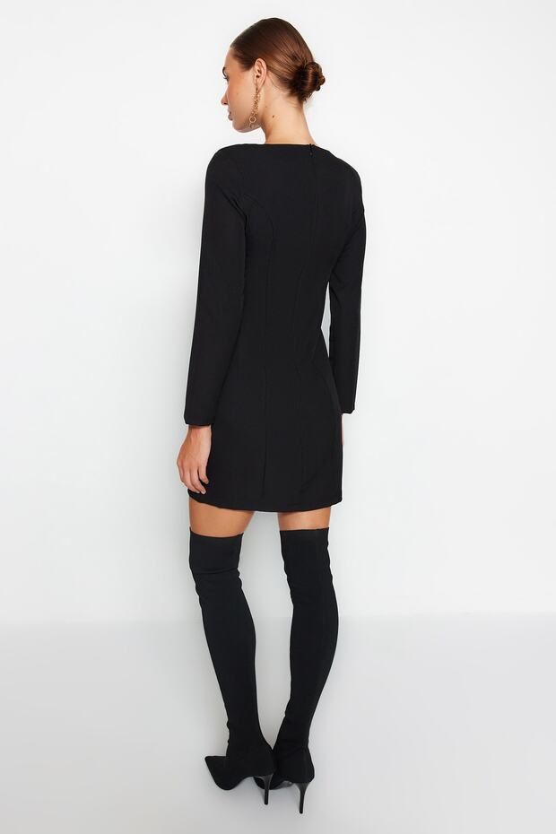 Černé rovné střihové detaily knoflíku mini tkané šaty s výstřihem TWOAW24EL00410 - 6