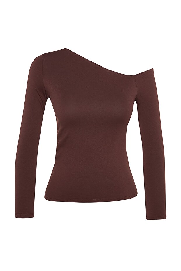 Kahverengi Kayık Yaka Omzu Açık Büzgülü Fitted/Vücuda Oturan Pamuklu Esnek Örme Bluz TWOAW24BZ00107 - 7