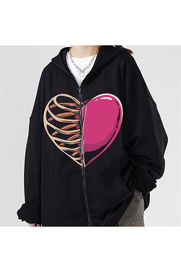 LAGOM MODA Half Rib & Heart Printed Oversize Zippered Black Unisex Hooded Cardigan