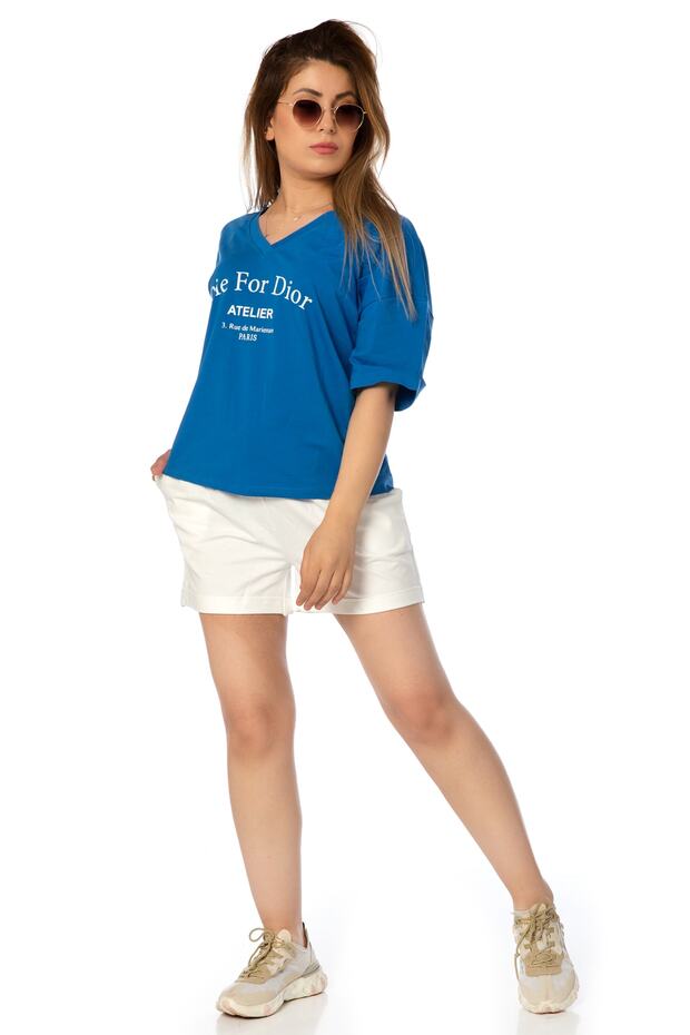 Kadın, Tişört, V, Yakalı Mavi, Krem, Şort, Alt Üst, Takım Basıc Model - 1