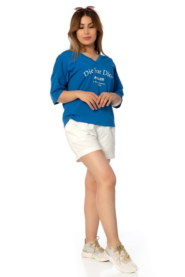 Kadın, Tişört, V, Yakalı Mavi, Krem, Şort, Alt Üst, Takım Basıc Model - 5