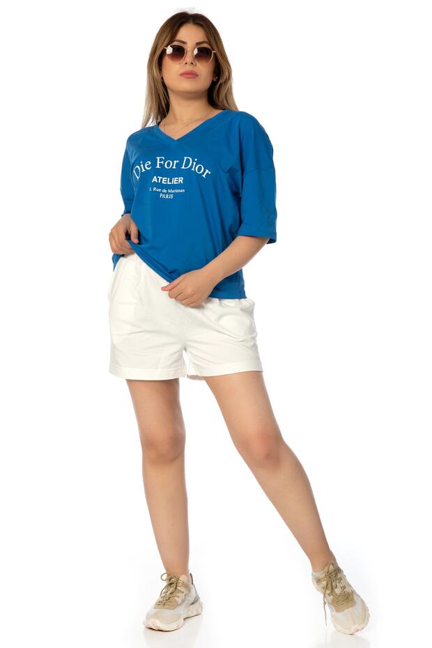Kadın, Tişört, V, Yakalı Mavi, Krem, Şort, Alt Üst, Takım Basıc Model - 6