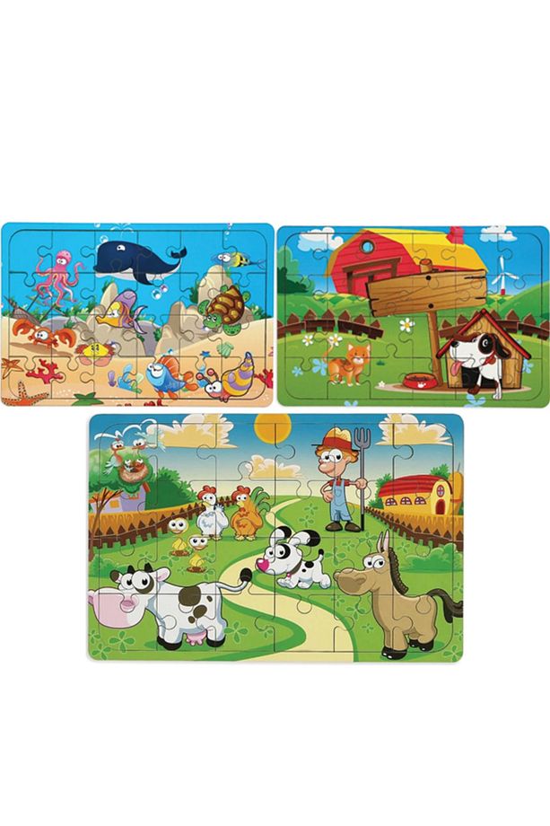 3 Adet Ahşap 24 Parça Eğitici Yapboz Puzzle Seti - 1