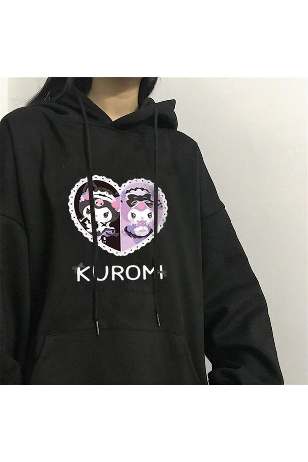 Heart Kuromi Printed Black Hooded Sweatshirt
