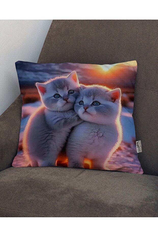 Snowy White Background Digital Printed Cushion - Pillow Case with Cat Photo