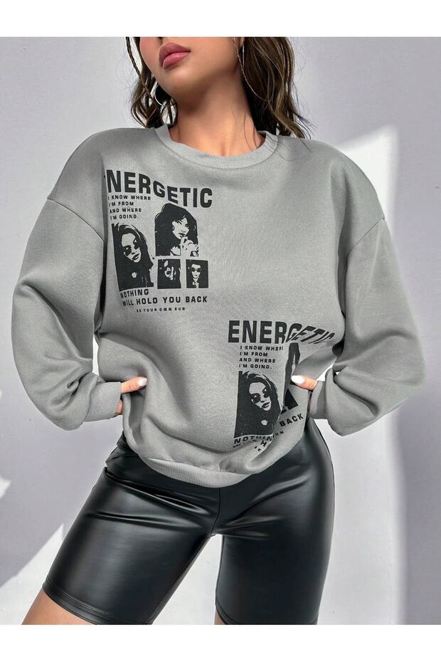 CODE ADR-SHEN EZwear Figure & Slogan Graphic Drop Shoulder Sweatshirt