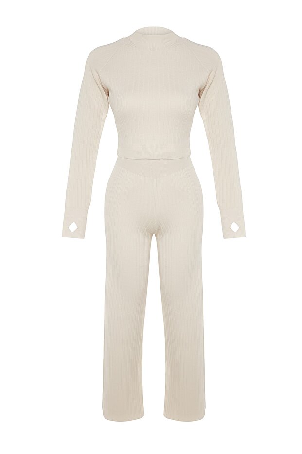 Stone Color Crop Top and Toe Knitwear Bottom Set - TWOAW24AU00033 - 7