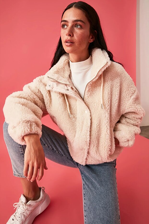 Taş Oversize Kalıp Fermuarlı Peluş Ceket Mont TWOAW21MO0132 - 1