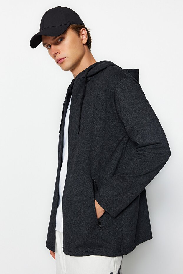 Antrasit Fermuarlı Kapüşonlu Sweatshirt/Hırka TMNAW21HI0211 - 2