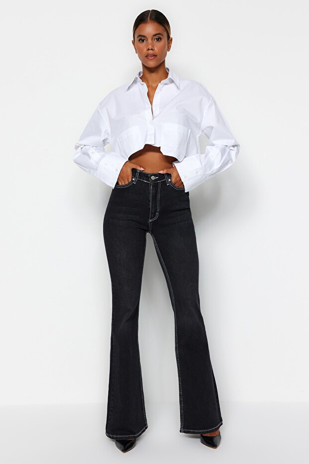 Siyah Kontrast Dikişli Yüksek Bel Orta Esnek Flare İspanyol Jeans TWOSS22JE0460 - 2