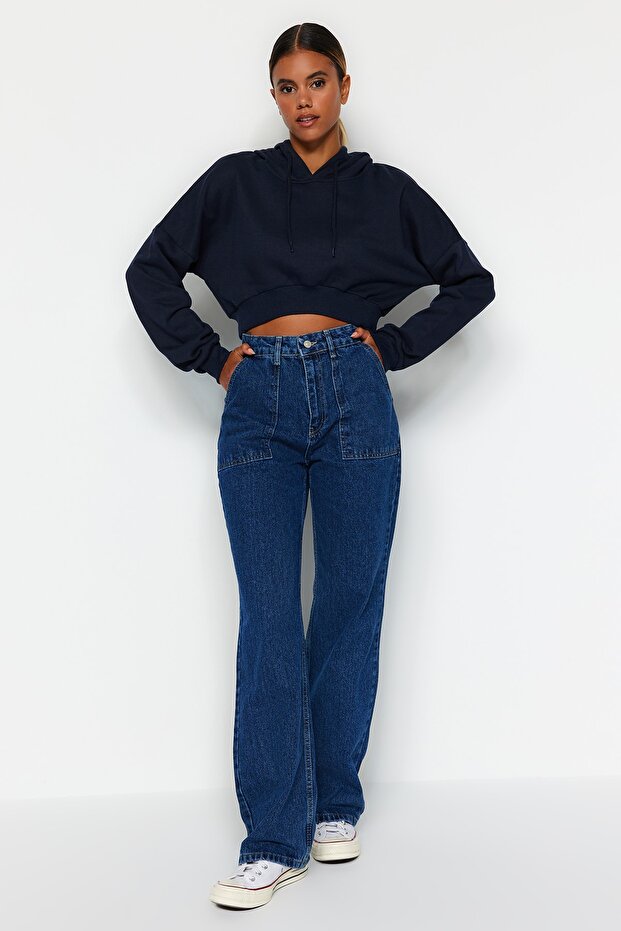 Lacivert Cep Detaylı Yüksek Bel Wide Leg Jeans TWOAW22JE0595 - 6