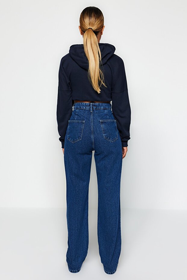 Lacivert Cep Detaylı Yüksek Bel Wide Leg Jeans TWOAW22JE0595 - 9