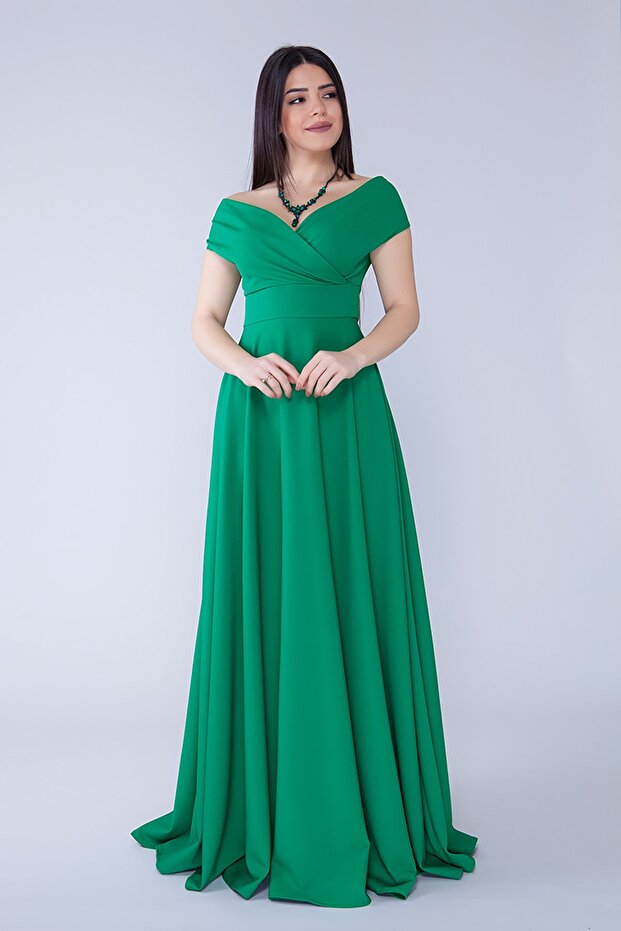 Boat Neck Double-Breasted Low Shoulder Woven Drapey Fabric Maxi-Length Special Occasion & Graduation & Evening Dress