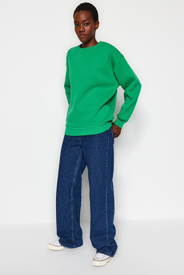 Zielona bluza oversize/wygodny krój podstawowy, okrągły dekolt, gruba/wewnątrz polarowa bluza z dzianiny TWOAW24SW00102 - 2