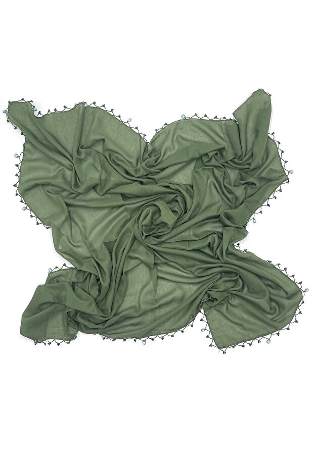 Cotton Drop Pearl Beaded Scarf High Quality Army Green Writing 100x100cm
