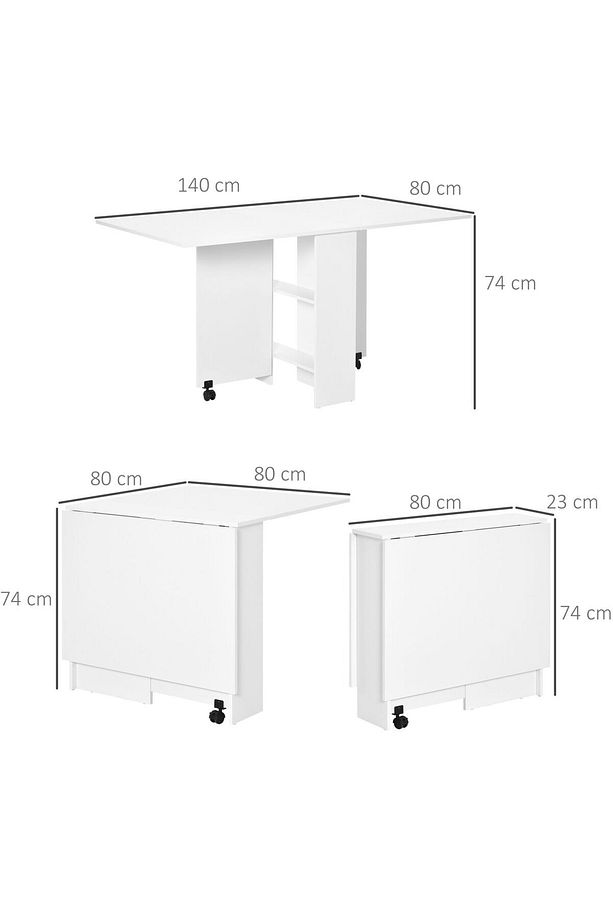 %100 MDF Beyaz Mutfak Masası, Katlanır Mutfak Masası, Açılır Kapanır Yemek Masası, 140x80cm - 4