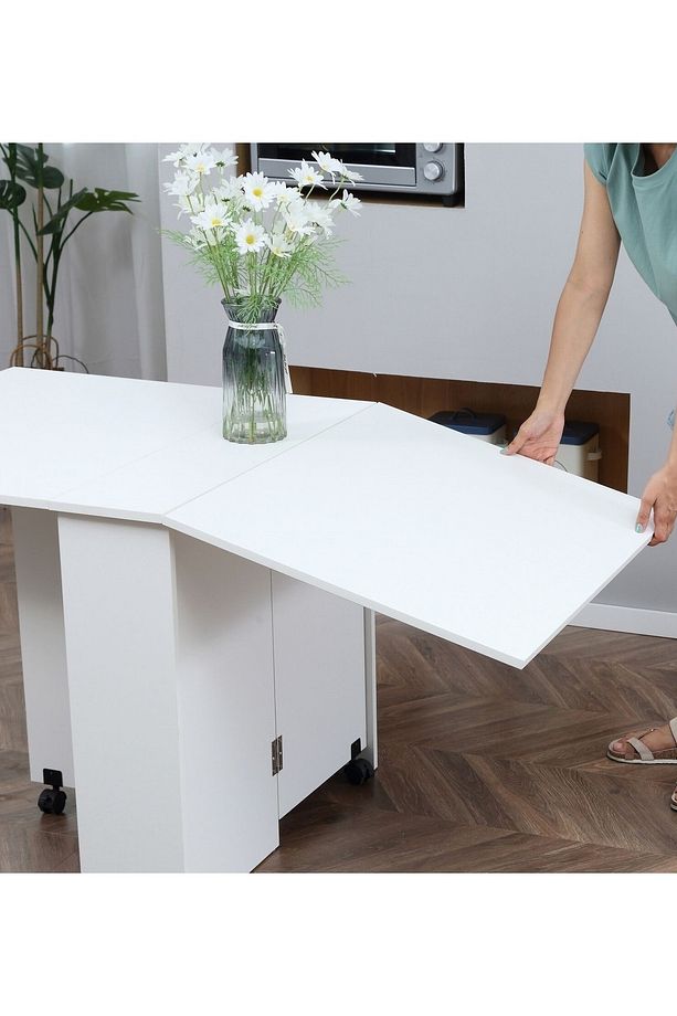 %100 MDF Beyaz Mutfak Masası, Katlanır Mutfak Masası, Açılır Kapanır Yemek Masası, 140x80cm - 5