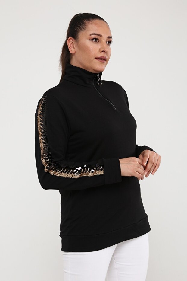 Kolüstü Pullu Aksesuarlı Fermuarlı Sweatshirt - 3