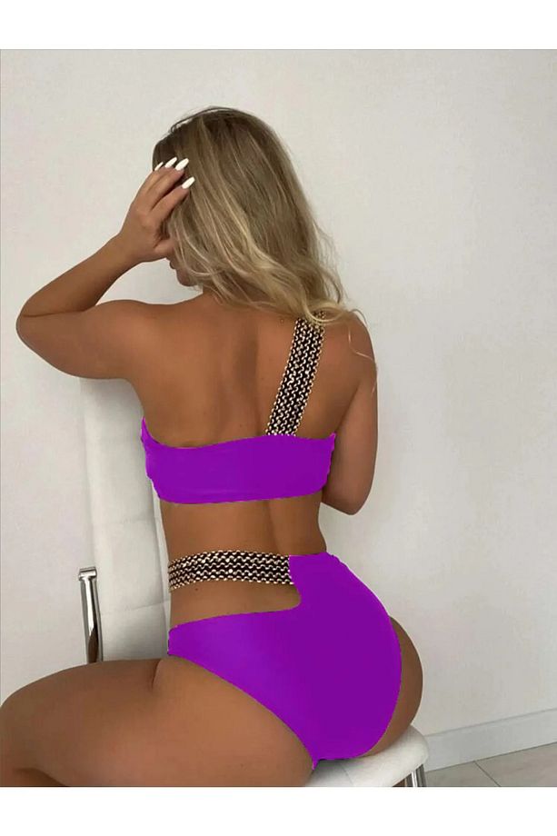 Kadın Mor Simli Tek Omuz Kurdele Nakış Lastik Detaylı Yüksek Bel Astarlı Şık Bikini Takımı - 1