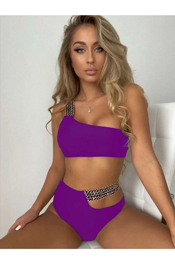 Kadın Mor Simli Tek Omuz Kurdele Nakış Lastik Detaylı Yüksek Bel Astarlı Şık Bikini Takımı - 4