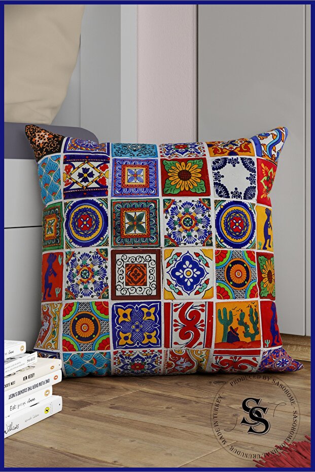 Patchwork Mandala Patterned Digital Printed Throw Pillow Cover - 1