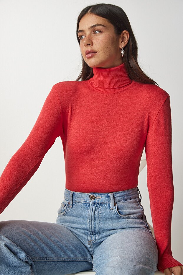 Women's Orange Turtleneck Ribbed Knitwear Sweater bv00087