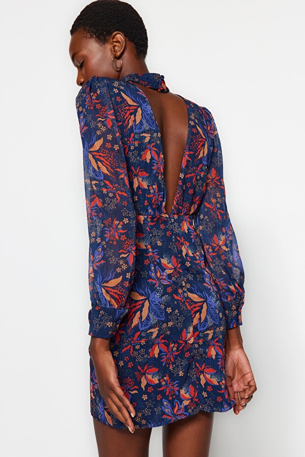 Modré šaty s vysokým límcem Boho Woven na zimu TWOAW23EL01482 - 3