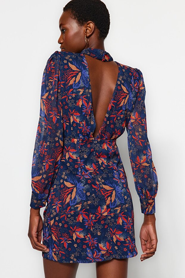 Modré šaty s vysokým límcem Boho Woven na zimu TWOAW23EL01482 - 1