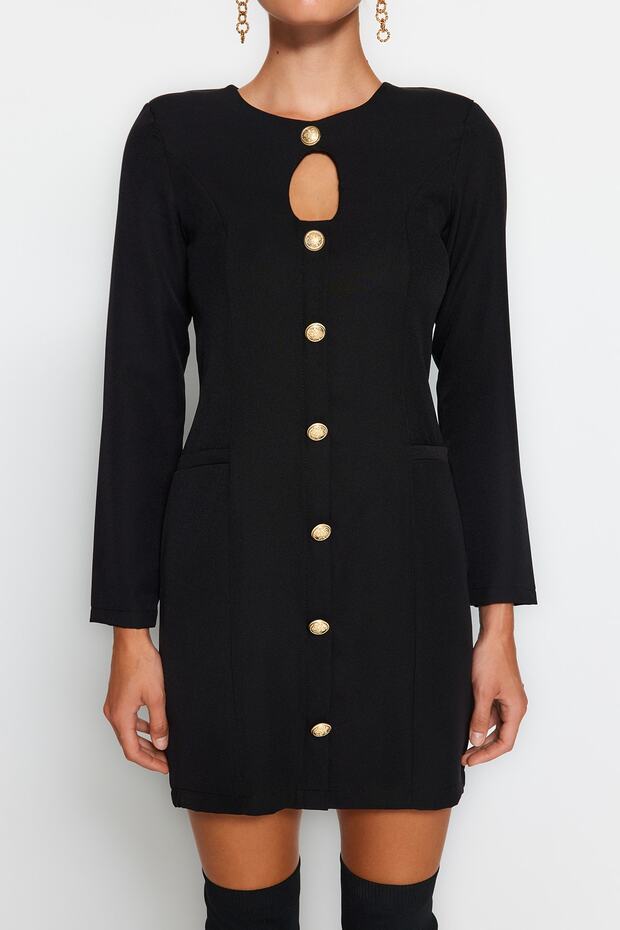 Černé rovné střihové detaily knoflíku mini tkané šaty s výstřihem TWOAW24EL00410 - 3