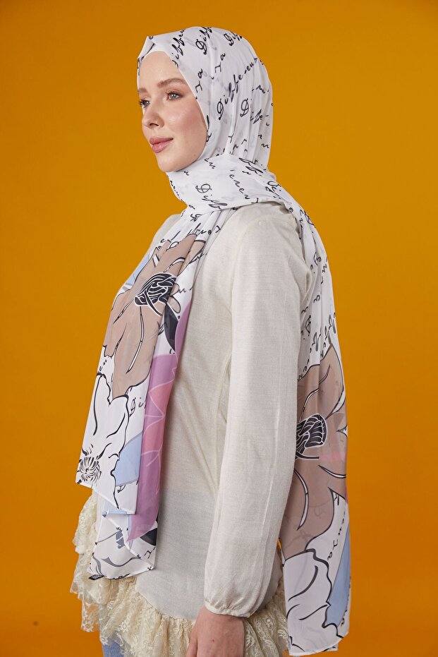 شال منقوش من لوتس - أبيض - 2