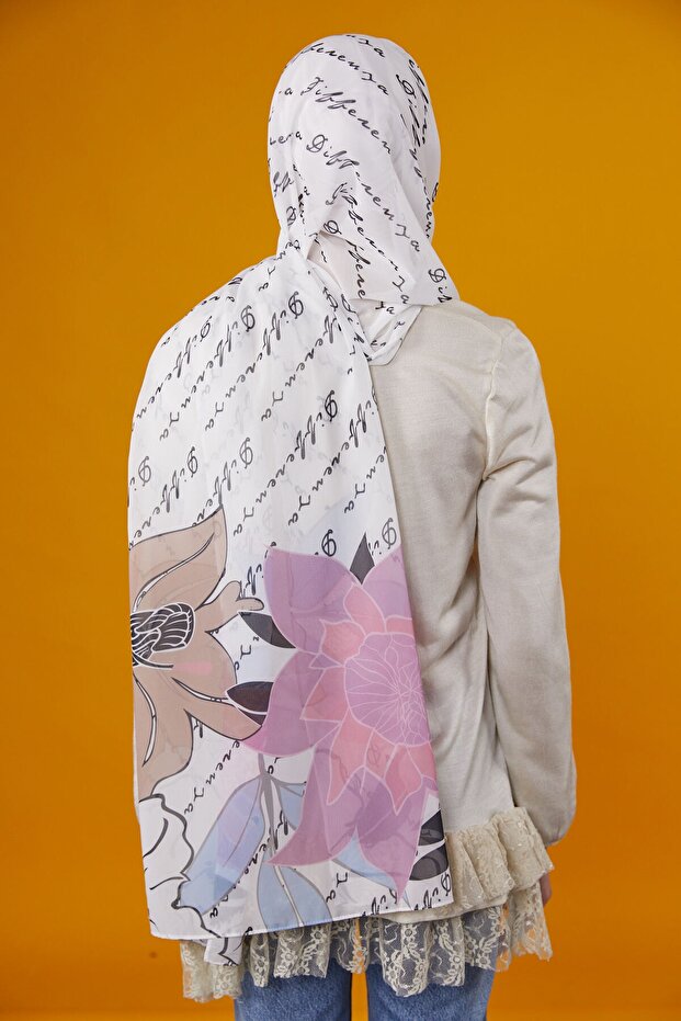 شال منقوش من لوتس - أبيض - 3