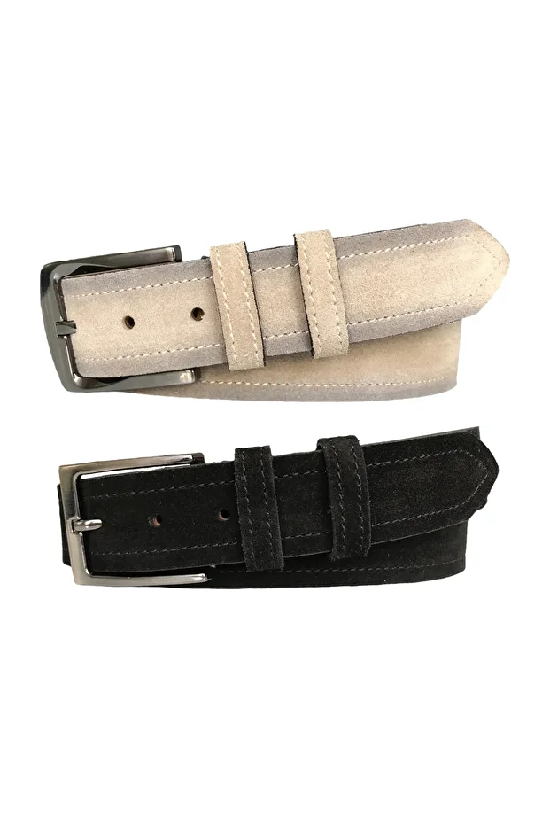 Hakiki Deri 2'li Set Süet Krem, Siyah Kemer 4cm=tyc00203896709 - 1