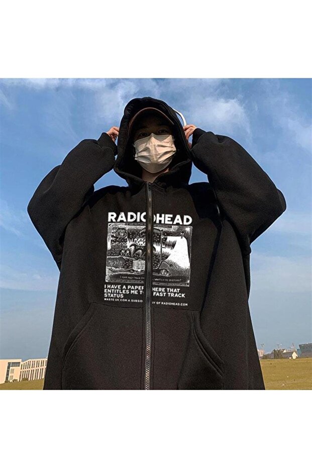 Radiohead Printed Oversize Zippered Black Unisex Hooded Cardigan