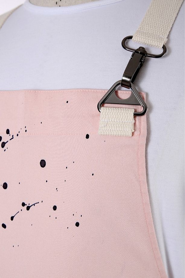 Aşçı Mutfak Önlüğü Pembe Damla Desenli Cepli Ayarlanabilir Askılı Şef Önlükleri - 4