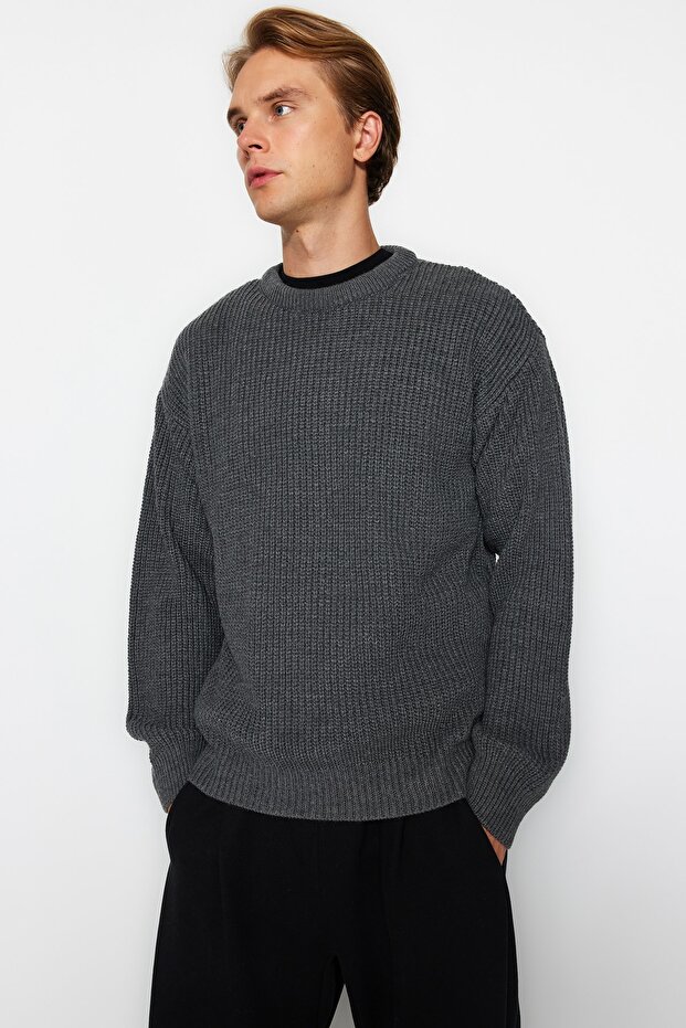 Antrasit Oversize Fit Geniş Kalıp Bisiklet Yaka Basic Triko Kazak TMNAW23KZ00189