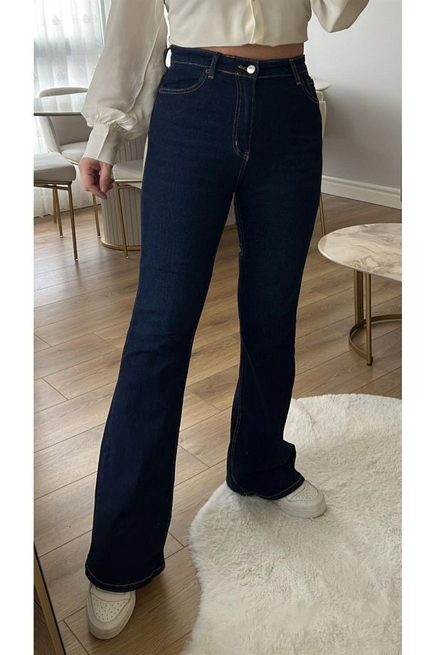 Koyu Mavi Yüksek Bel İspanyol Paça Jeans Kot Pantolon - 1