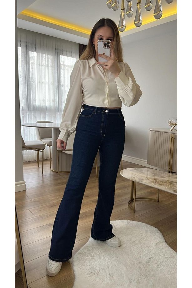 Koyu Mavi Yüksek Bel İspanyol Paça Jeans Kot Pantolon - 2
