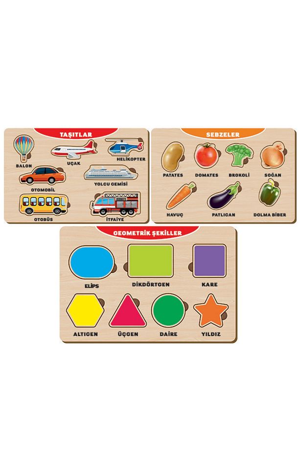 3 Adet Ahşap Bul Tak Eğitici Yapboz Puzzle Seti - 1