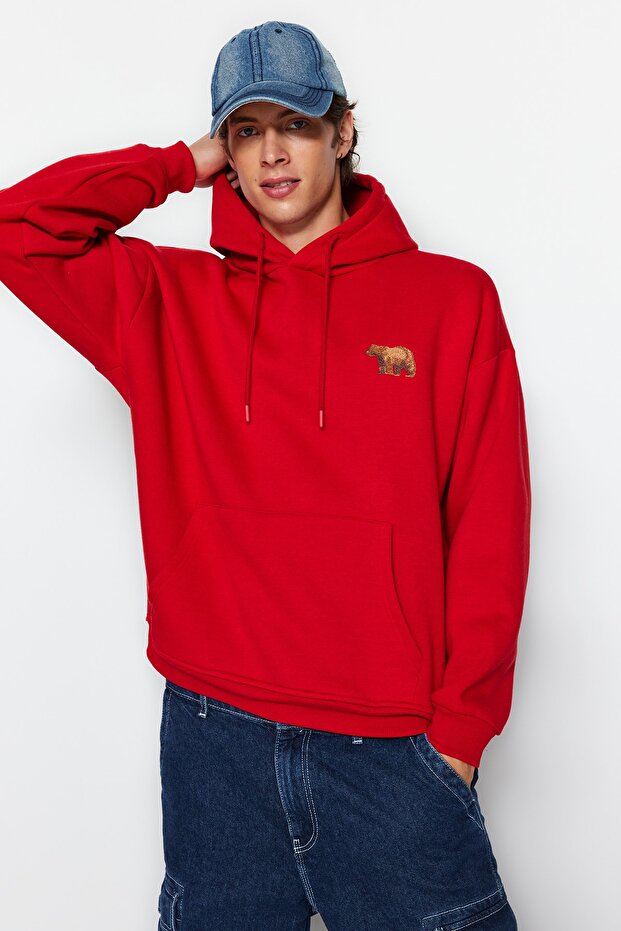 Kırmızı Oversize/Geniş Kesim Hayvan Nakışlı İçi Polar/Sıcak Tutan Pamuk Sweatshirt TMNAW24SW00097 - 2