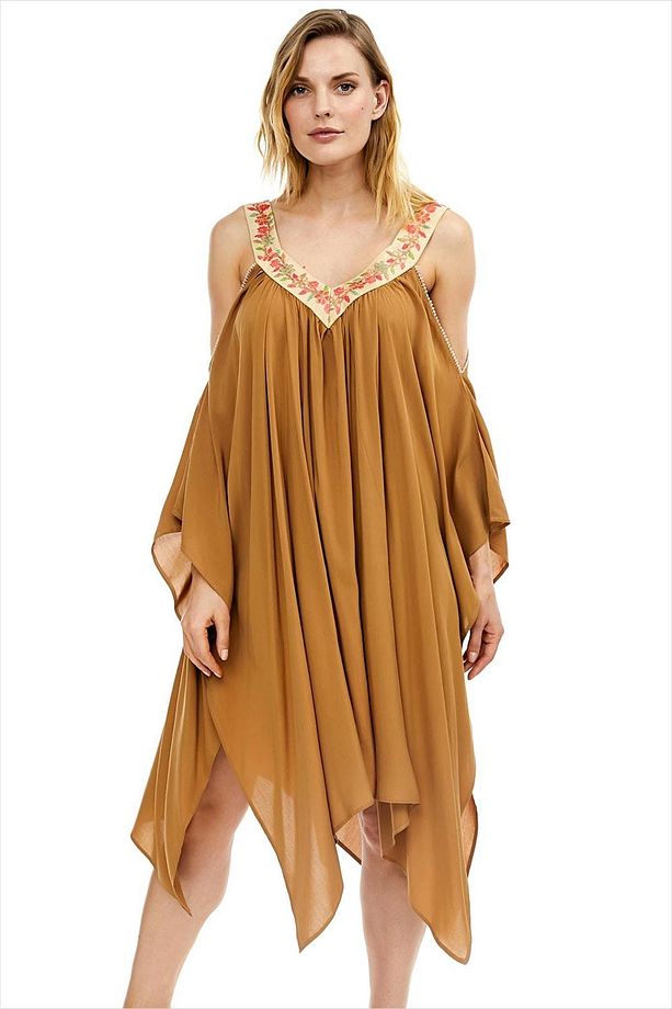 Kadın Camel Nakış İşlemeli Yarasa Kol Plaj Elbisesi 9605 - 1