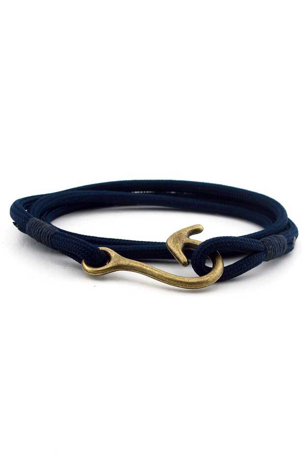 Men's Bronze Fishing Line Hook Navy Blue Paracord Wrap Bracelet Bt571