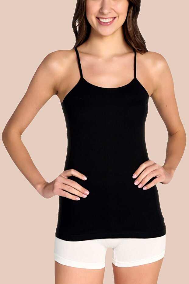 Women's Black 2 Pack Elastane Cotton Rope Strap Tank Top