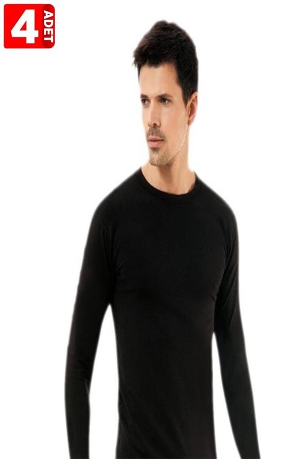 Men's Thermal 4 Pack 100% Cotton Oversize Top Long Sleeve Black Underwear