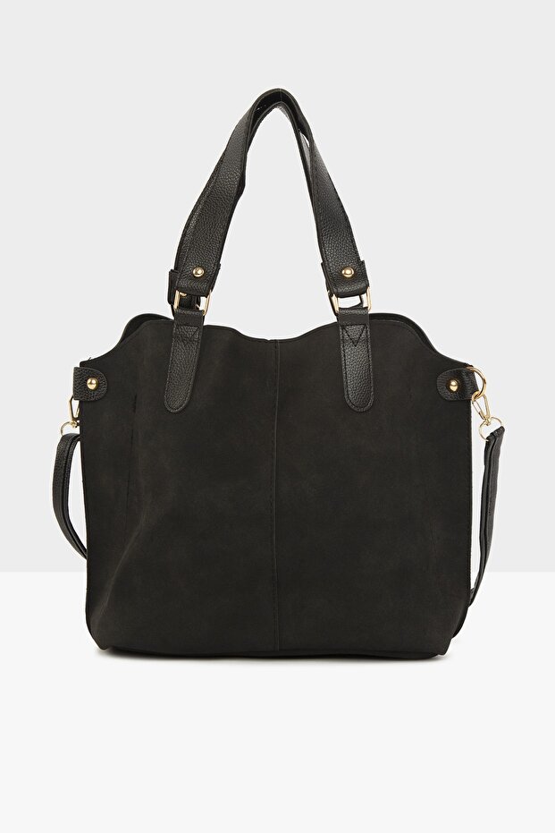 Black Women's Three-Compartment Nubuck Bag with Snap Detail M000003554