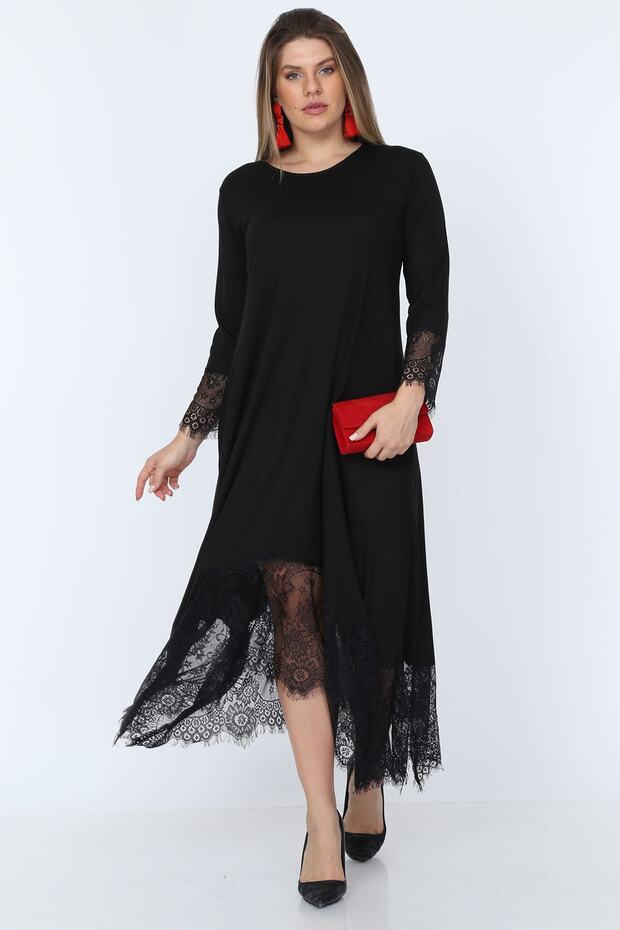 Black Lace Detailed Plus Size Knitted Dress