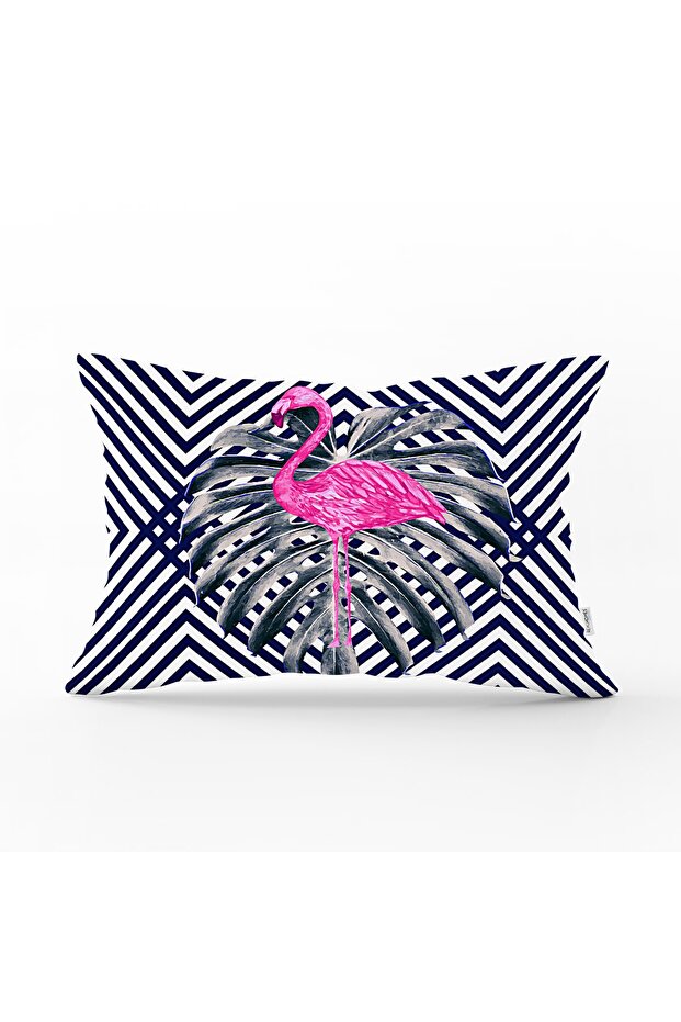 غطاء وسادة مستطيل مطبوع رقميًا بنمط فلامنغو مع خلفية باللون الأزرق الداكن - 1