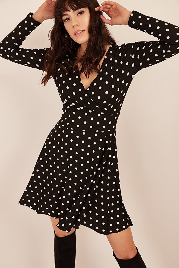 Women's Black Double Breasted Polka Dot Dress ELB-19000875