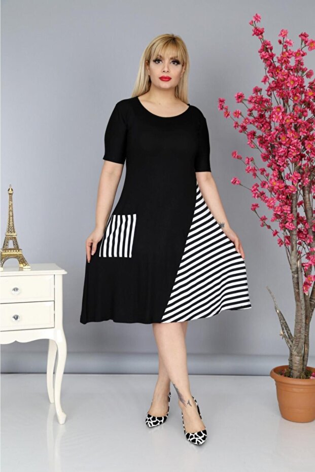 Black Plus Size Short Sleeve Viscose Combed Cotton Dress with Below Knee Pockets
