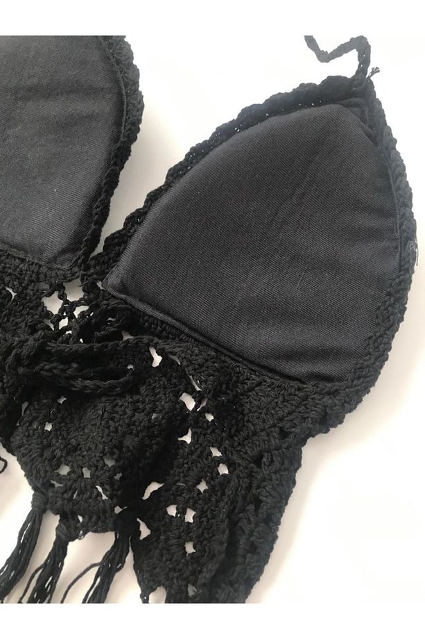 Bayan Siyah Örgü Bralet Dantelli Büstiyer Sütyen Plaj Elbisesi - 4