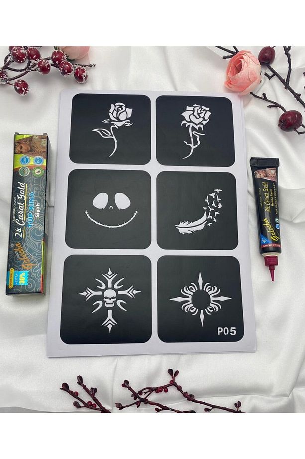 Siyah Golecha Hint Kınası Tüp Kına + Kına Kalıbı Geçici Dövme Şablon Tatto Geçici Dövme Seti - 1